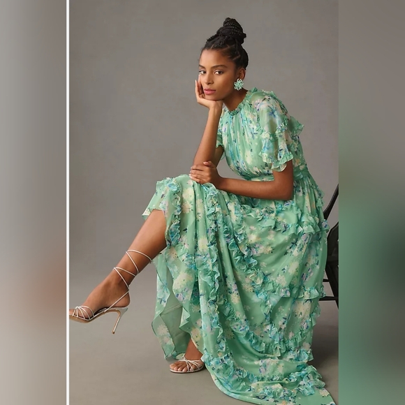 Mac Duggal Floral Print Chiffon Cascading Ruffle Raglan Gown SZ 2 NEW 68216 - Picture 2 of 14